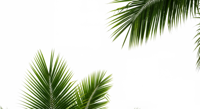Lush green palm leaf isolated on a white background. Tropical coconut palm fronds casting shadows. Evergreen plant foliage, clip art for summer design elements, cut out, PNG	