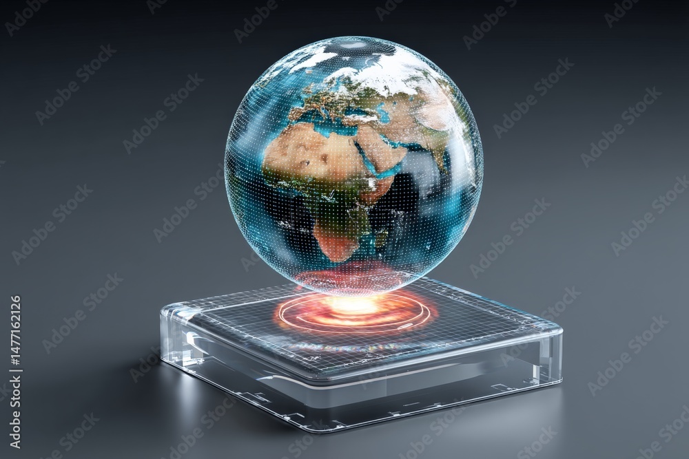 Poster 3D holographic globe displaying continents with intricate details on a futuristic base in a tech-themed environment