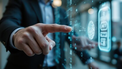 Biometric security, person using fingerprint scanner on digital screen for authentication