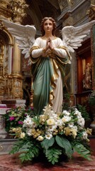 Angel Statue Adorned with Flowers in Ornate Catholic Church Interior