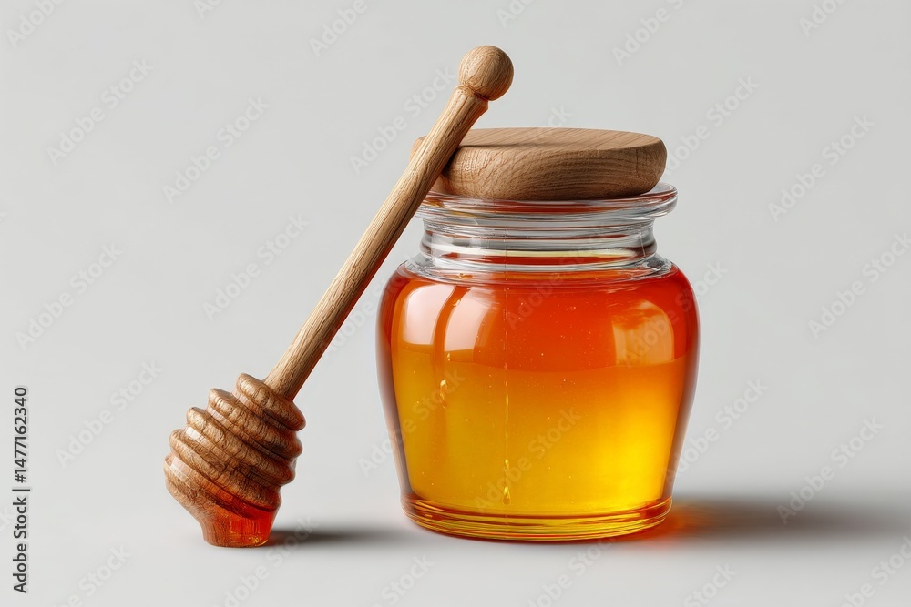 Poster honey jar with wooden dipper showcasing vibrant golden color and smooth texture on neutral backgroun