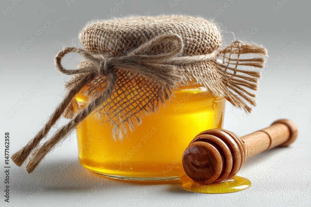 Poster clear honey in a glass jar with a wooden dipper resting beside it on a light background, showcasing 