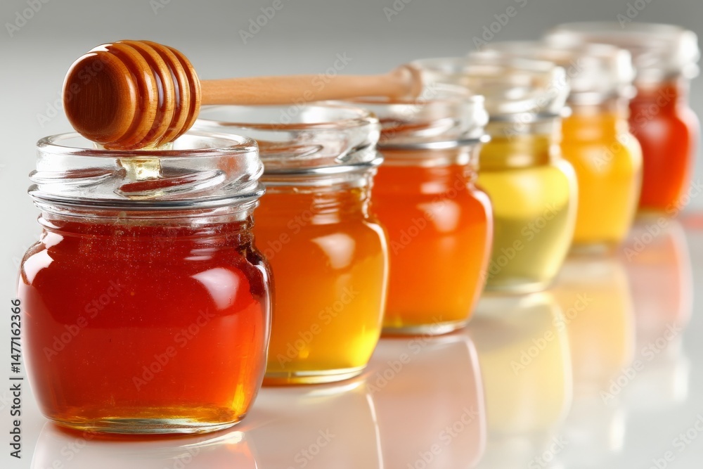 Poster Selection of honey jars showcasing various colors and textures in a bright, well-lit setting