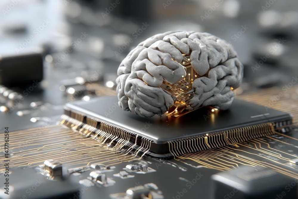 Poster Innovative technology merges human-like intelligence with advanced computing in futuristic digital environment