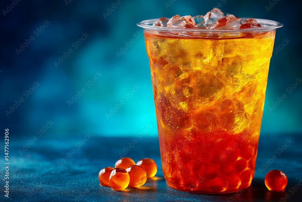 Poster refreshing beverage with colorful bubbles served in clear cup on vibrant blue background