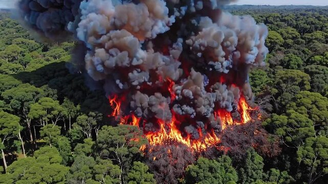 Inc&ecirc;ndio florestal &mdash; as florestas da Amaz&ocirc;nia em chamas no Brasil, v&iacute;deo gerado por IA, vista a&eacute;rea.