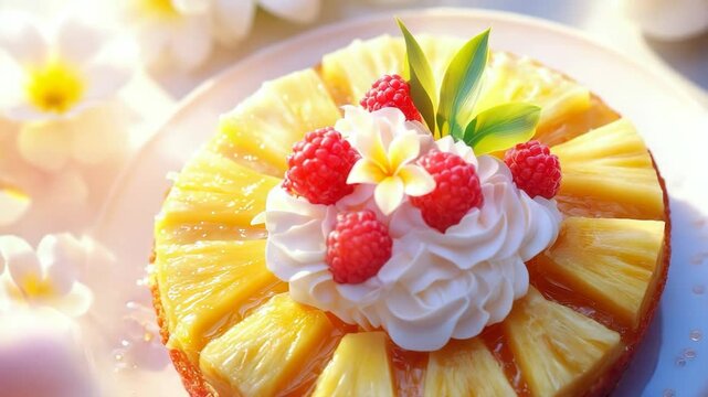 Delicious pineapple upside-down cake with whipped cream, raspberries, and plumeria flowers in a tropical setting