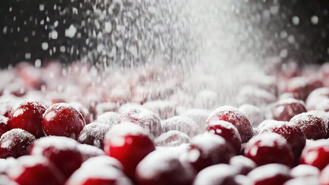 Icing sugar falling on fresh cranberries creating a delicious winter dessert