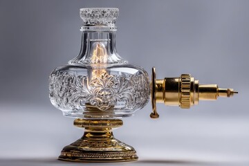 Elegant glass oil lamp with ornate brass fittings illuminated in soft light