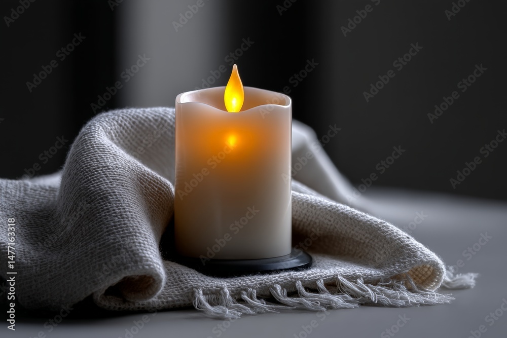Poster decorative candle glowing softly on a textured fabric surface in a dimly lit room during evening hou