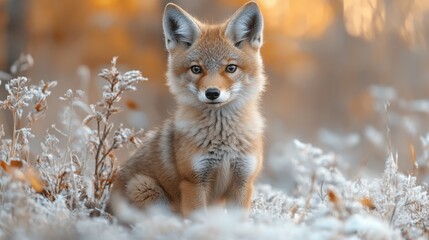Fototapeta premium Lindo retrato de coyote bebé con fondo azul claro para la educación sobre la vida silvestre y la conservación animal.