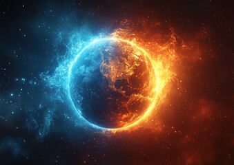 Fototapeta premium A celestial depiction of a burning and freezing earth.