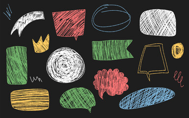 Vector drawn crayon text boxes. Color charcoal doodle speech bubbles. Hand drawn childrens style pencil dialog balloon.