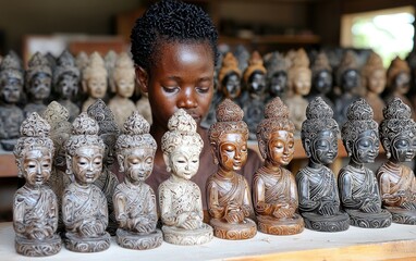 Woman examining small Buddha statues