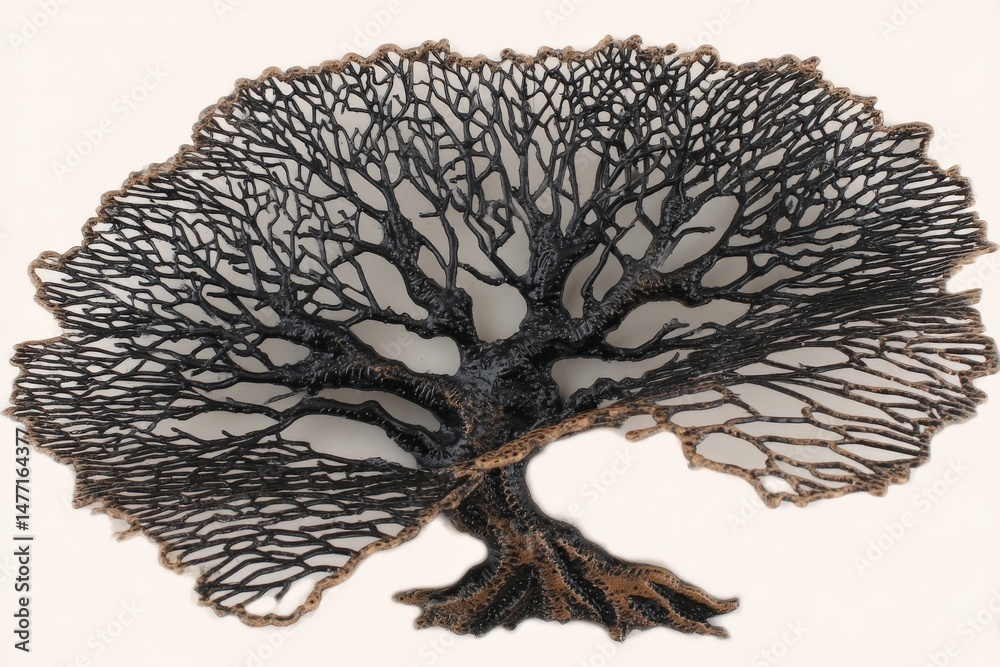 Poster intricate handcrafted tree sculpture showing detailed branches and roots on a neutral background