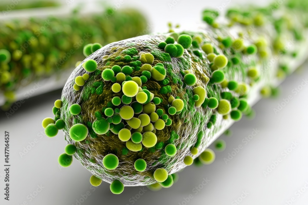 Poster Close-up view of bacteria displaying vibrant green hues under microscope in a lab setting