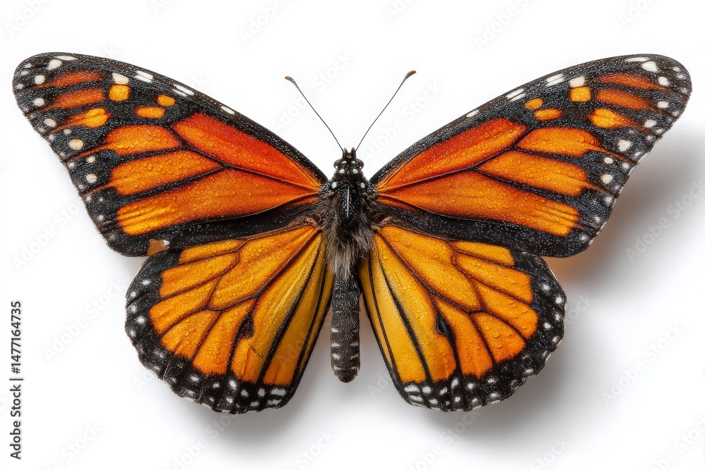 Poster monarch butterfly displaying vibrant orange and black wings against a white background, highlighting