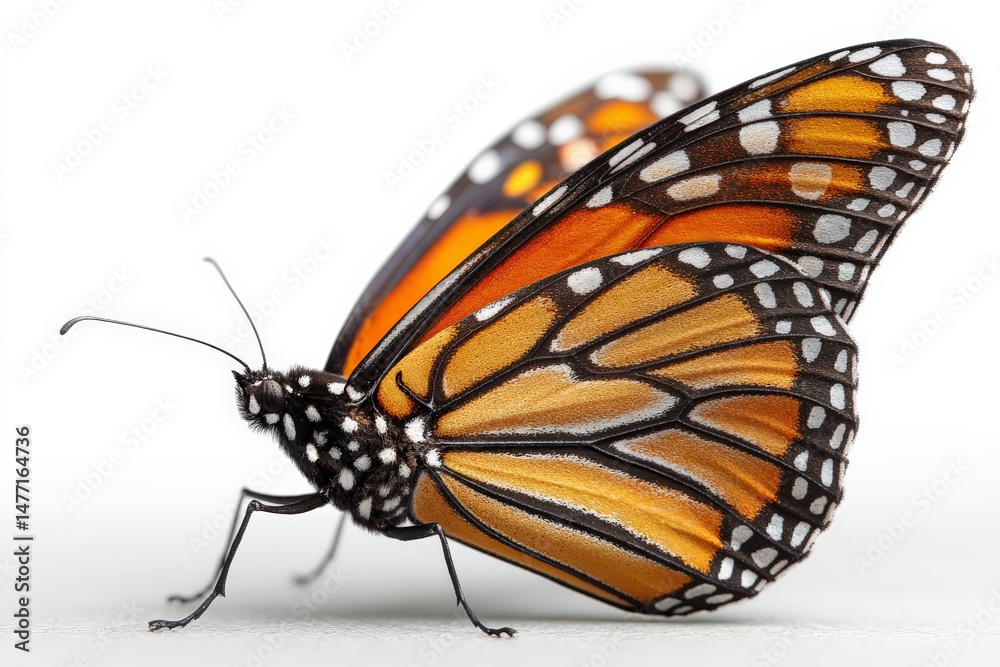 Poster Vibrant monarch butterfly perched on a surface displaying intricate wing patterns and colors during daylight hours