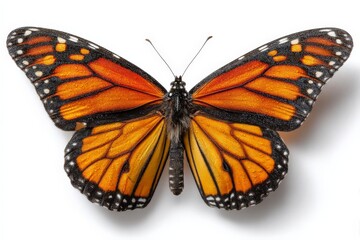 Fototapeta premium Monarch butterfly displaying vibrant orange and black wings against a white background, highlighting intricate patterns and details
