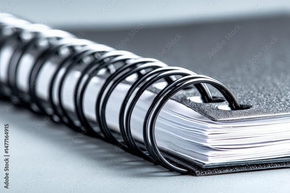 Poster close-up view of a black spiral notebook revealing stacked white pages with a sleek design