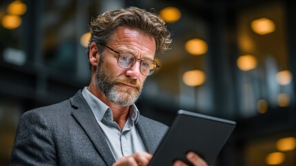 Man in suit uses tablet device indoors with blurred background lights.