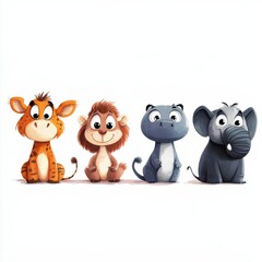 Adorable Jungle Animals Cartoon Characters Standing Side By Side Digital Art Perfect For Kids Designs Illustration