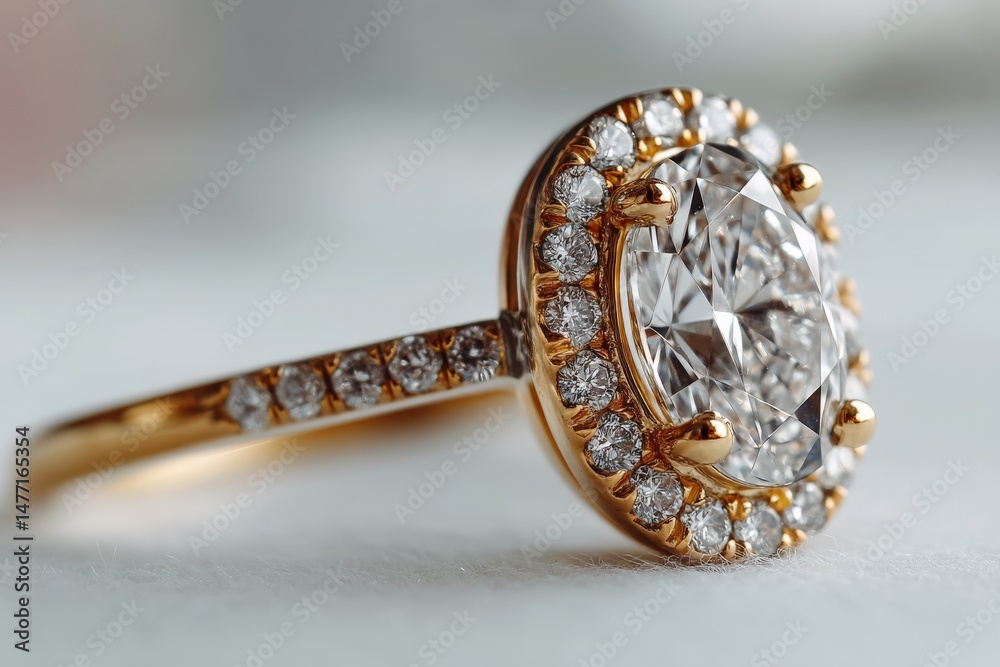 Poster close-up view of an elegant diamond engagement ring with a round center stone and intricate halo des