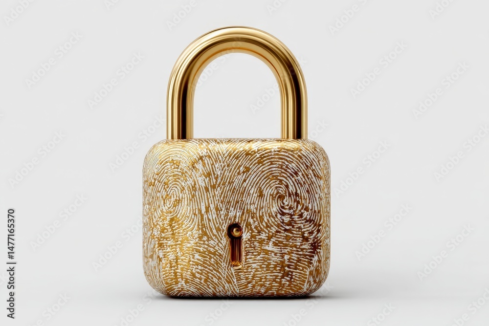 Poster unique golden padlock with intricate fingerprint design placed against a light grey background