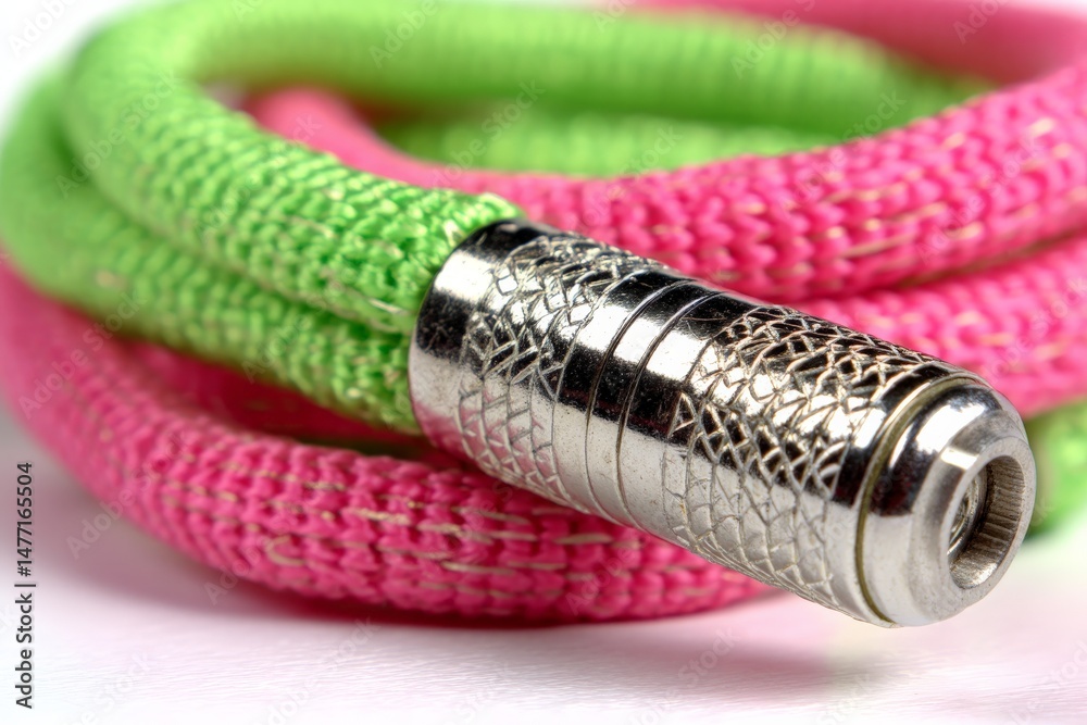 Poster Brightly colored rope with a metallic end piece displayed on a white background in a close-up view