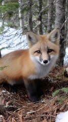 Obraz premium Red Fox in Winter Forest Looking at Camera Wildlife in Natural Habitat Beautiful wild animal amongst trees and snow nature