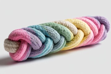 Colorful braided rope toy for pets on neutral background