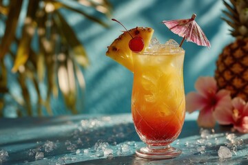 Tropical drink with pineapple garnish, cherry, and paper umbrella served on a blue surface with crushed ice and tropical flowers