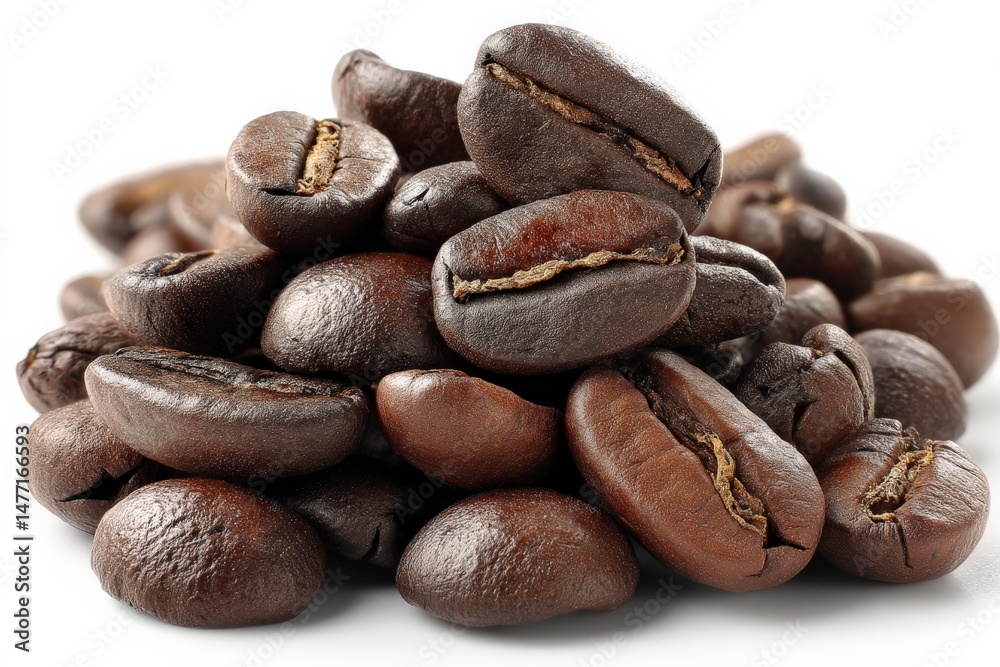 Poster freshly roasted coffee beans piled together in a delicious display for brewing at any time of day