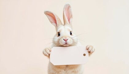 Adorable rabbit holds blank paper, perfect for personalized greetings and announcements