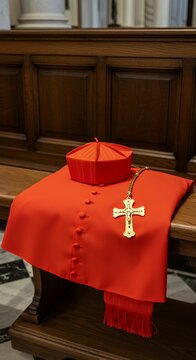 Cardinal outfit with biretta and cross on wooden bench
