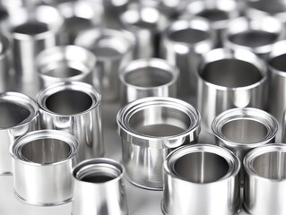 Close up of shiny metal cans arranged in a group industrial manufacturing product shot studio lighting for packaging