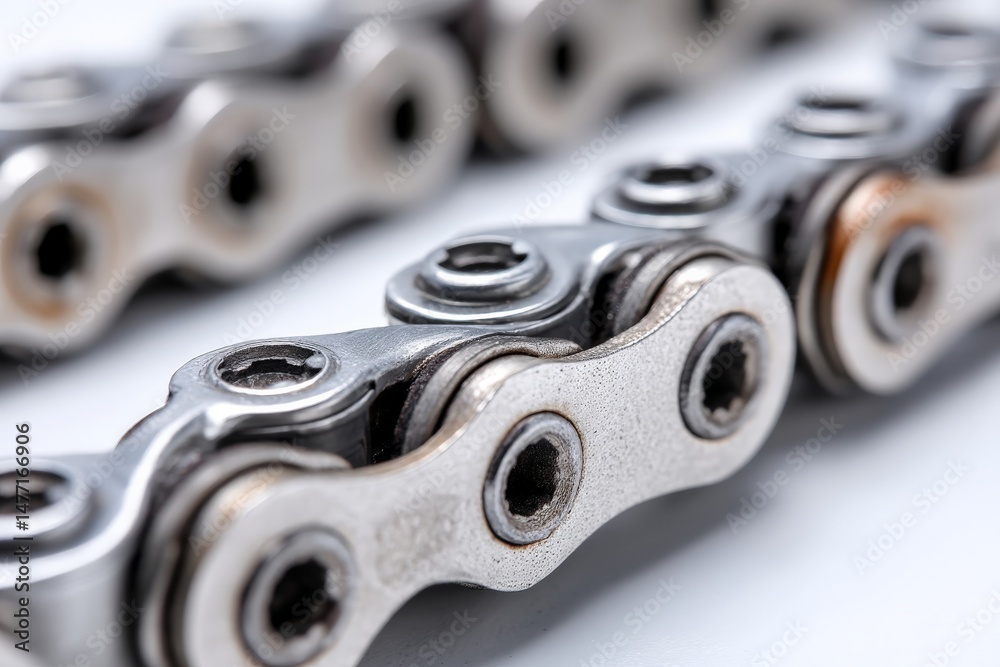 Aufkleber close-up view of bike chain links showcasing wear and tear during maintenance in a workshop setting