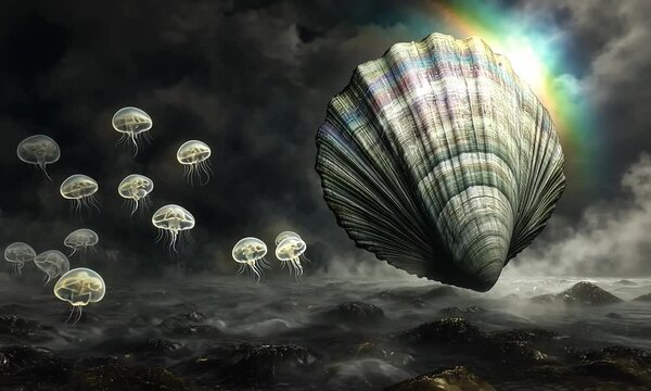 A surreal scene featuring a giant shell floating above a stormy sea with jellyfish swimming nearby