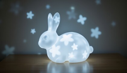 Charming white rabbit lamp illuminating a rustic wooden table in cozy home setting