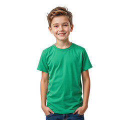 boy in a green t-shirt and hands in the pockets of his jeans smiling happily, transparent background