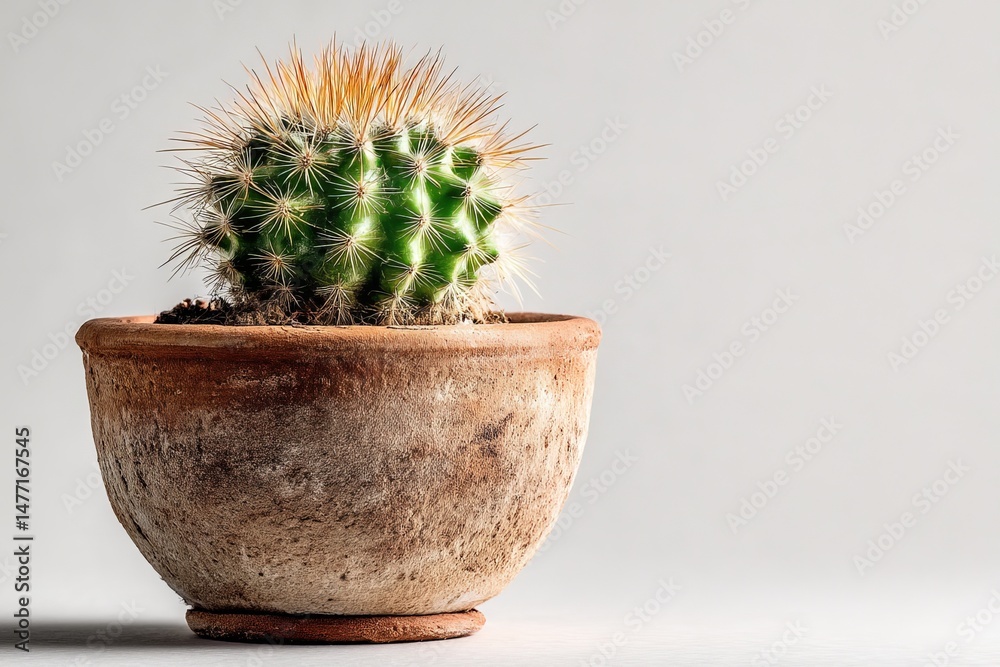 Poster Cactus in a rustic pot enhances a modern interior setting with unique texture and design elements during bright daylight