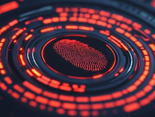 A glowing digital fingerprint is centered within a futuristic, circular red interface, symbolizing biometric security and technology.