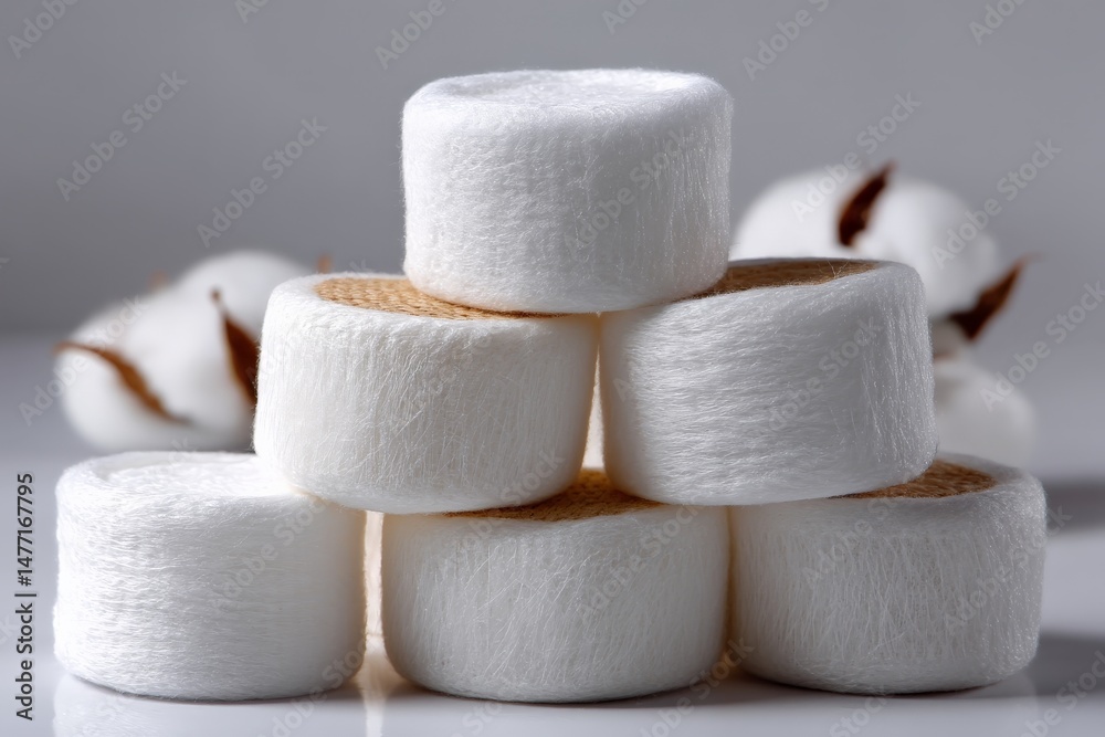 Aufkleber cotton rolls stacked on a white surface, showcasing natural fibers and texture in a minimalistic arr