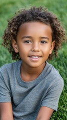 Adorable Young Child with Curly Hair Smiling on Green Grass in Summertime Light