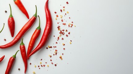 Overhead Flat Lay of Red Chili Peppers and Flakes on White Background for Food Photography and Culinary Arts Projects