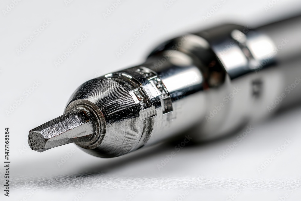 Poster close-up view of a silver metal pen tip highlighting intricate design and craftsmanship