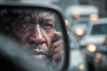 African man checks side mirror in car during traffic, looking tired or stressed in the city with soft focus background
