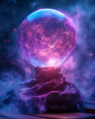 A levitating crystal ball glowing with magical purple and indigo light, surrounded by ancient floating runes, soft fog swirling beneath, mysterious magical atmosphere