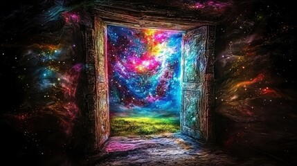 Artistic portal to vibrant nebula with starry sky in surreal dark chamber of cosmic dreams