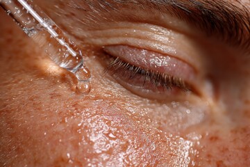 Fototapeta premium Close-up of serum application near eye with dropper, showcasing skincare routine, moisture, hydration, and personal care